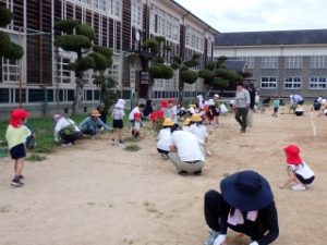 校舎の前の草引き